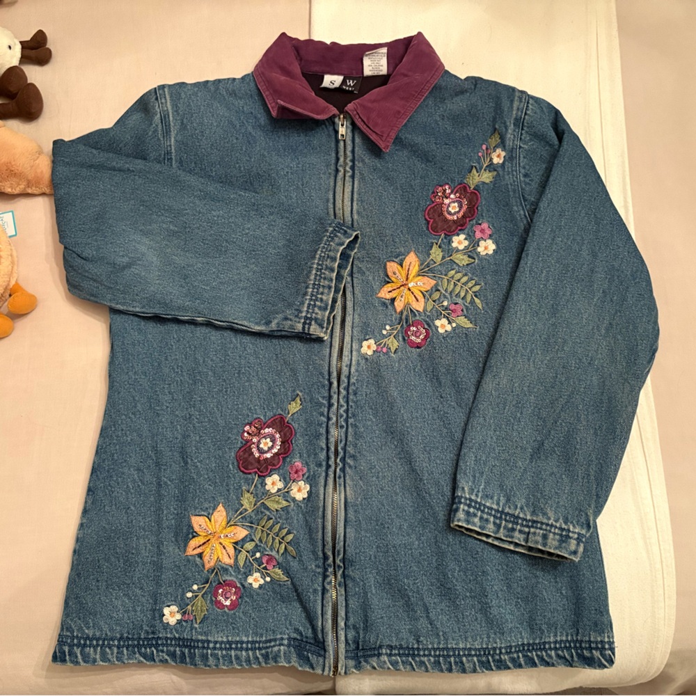 vintage embroidered fleece lined jean jacket